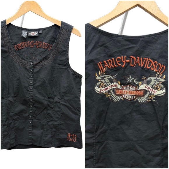 Harley-Davidson Jackets & Blazers - Harley-Davidson Womens XL Black Embroidered Vest Biker Moto Button Front